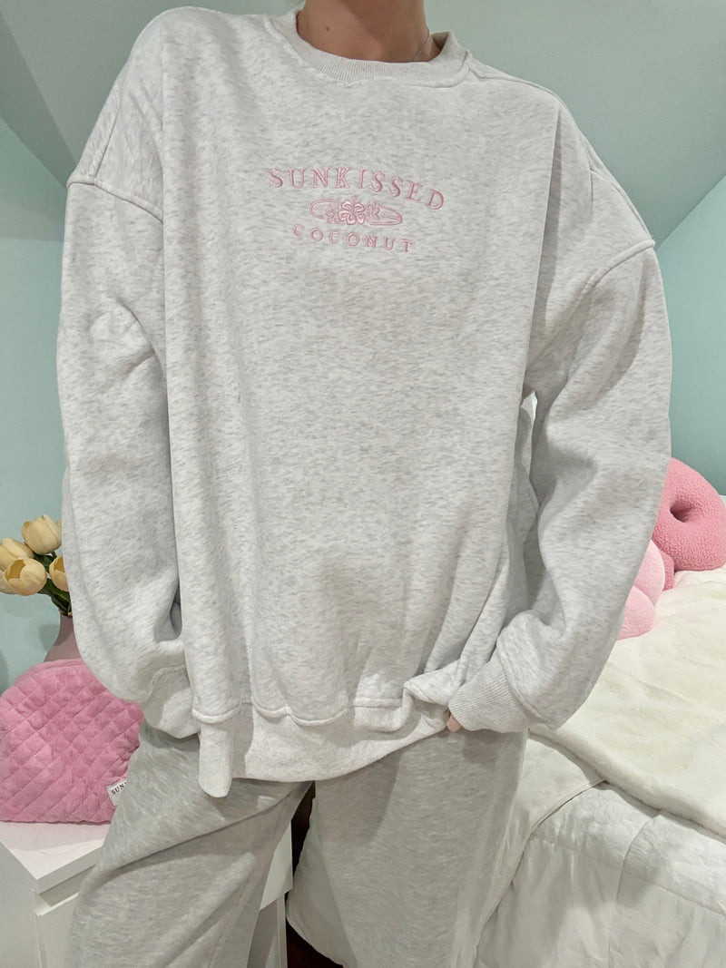 Pearl Grey and Pink Thread Sunkissedcoconut Embroider Sweatshirt