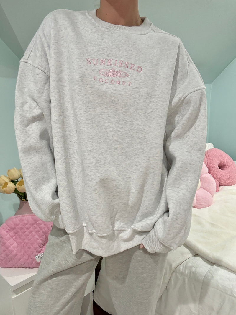 Pearl Grey and Pink Thread Sunkissedcoconut Embroider Sweatshirt