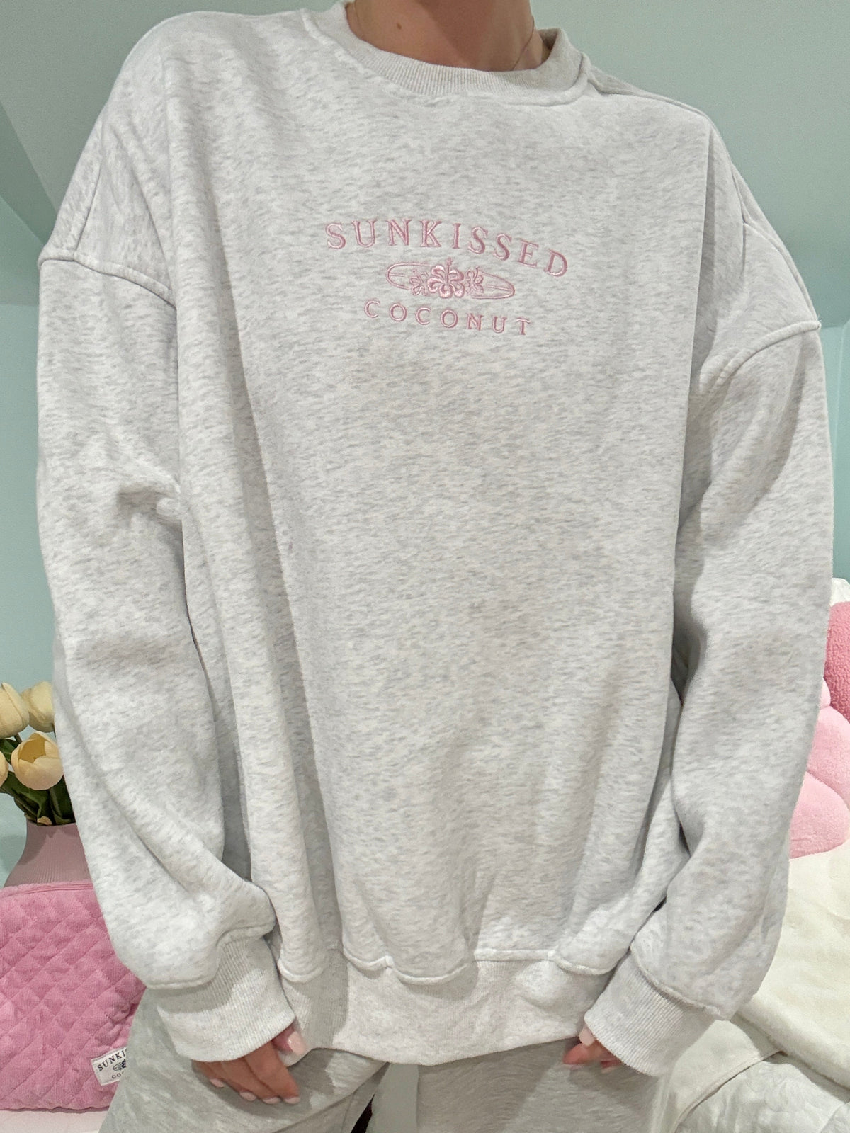 Pearl Grey and Pink Thread Sunkissedcoconut Embroider Sweatshirt