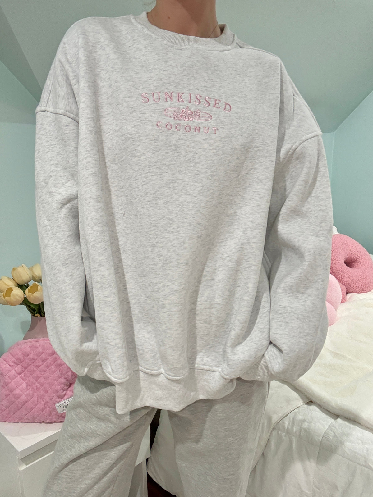 Pearl Grey and Pink Thread Sunkissedcoconut Embroider Sweatshirt