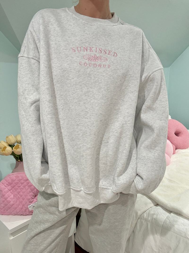 Pearl Grey and Pink Thread Sunkissedcoconut Embroider Sweatshirt