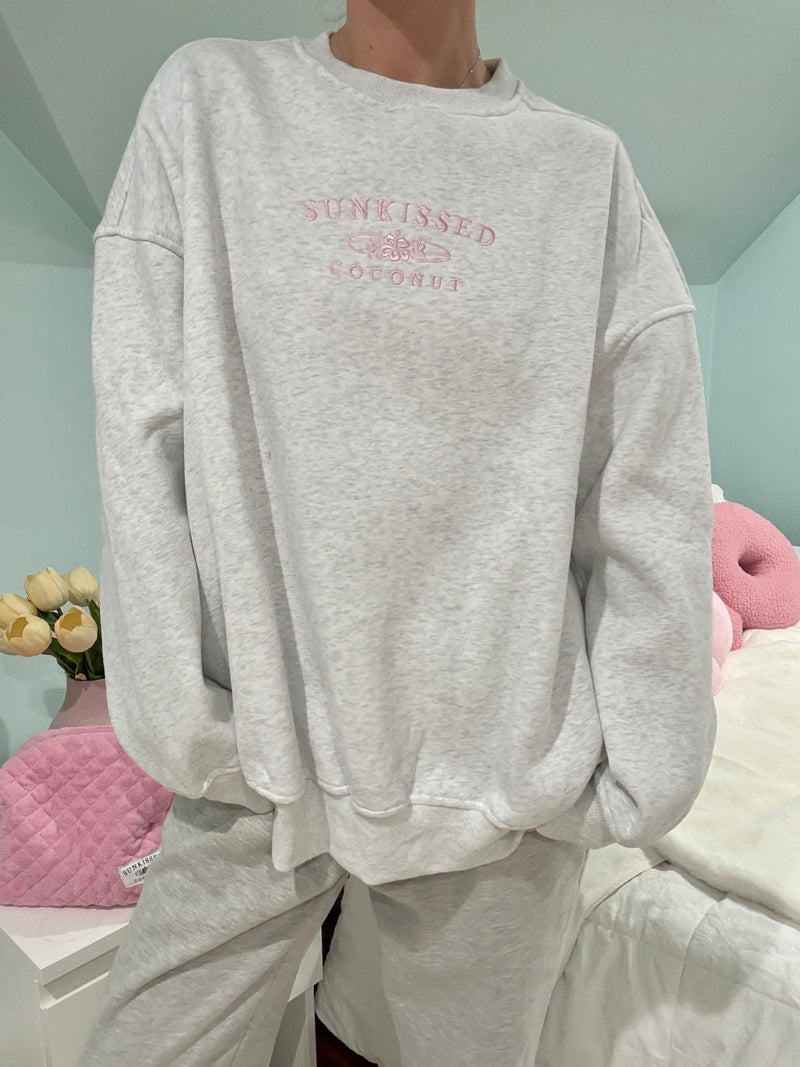 Pearl Grey and Pink Thread Sunkissedcoconut Embroider Sweatshirt