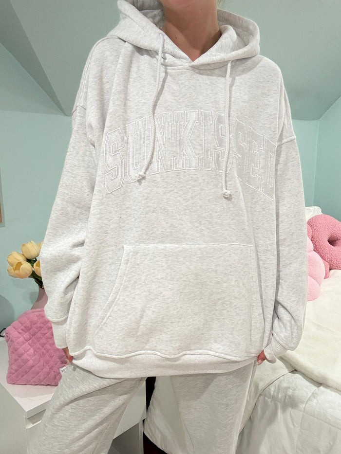 Pearl Grey With White Letters Sunkissed Varsity Embroider Hoodie