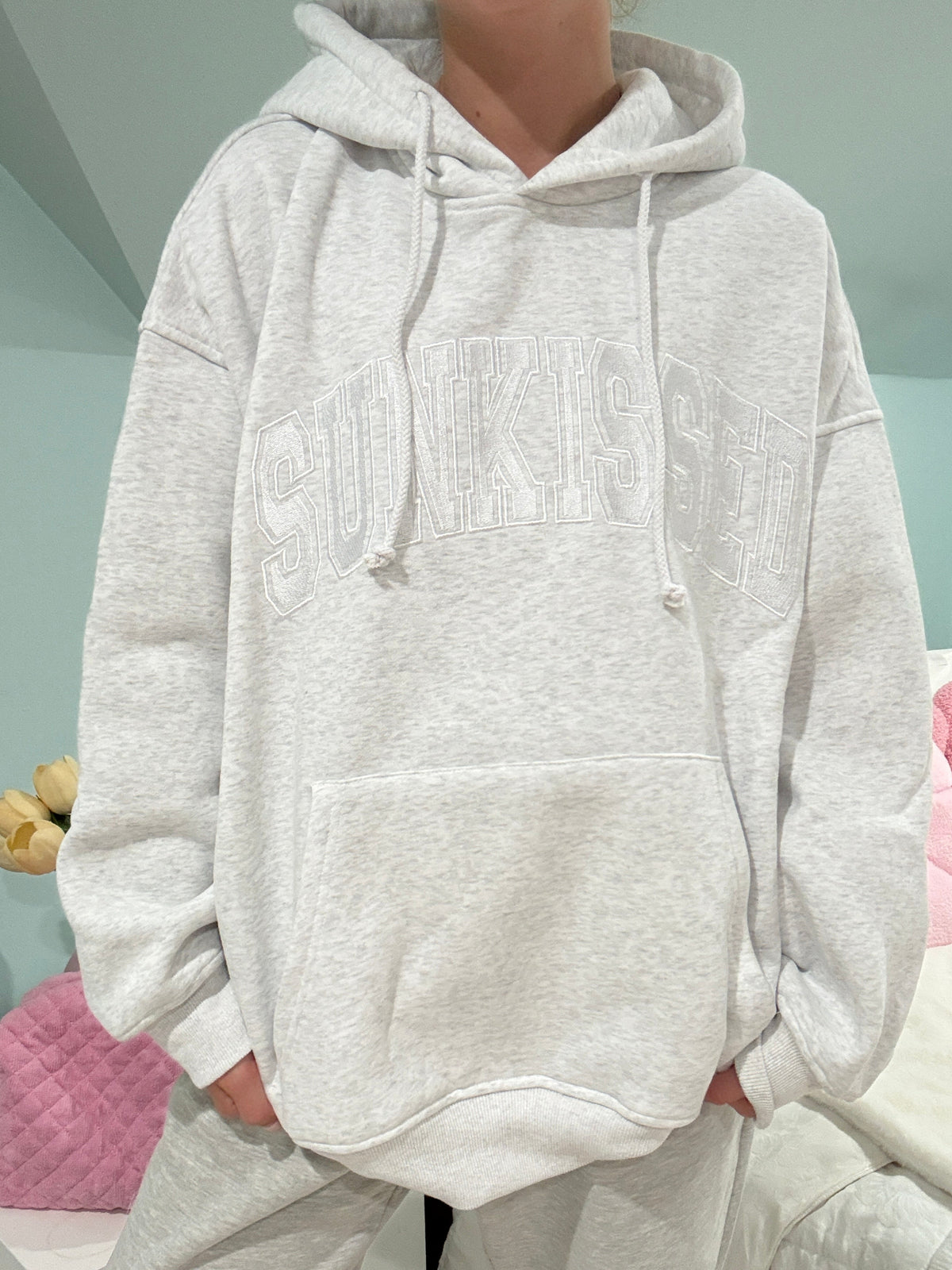 Pearl Grey With White Letters Sunkissed Varsity Embroider Hoodie