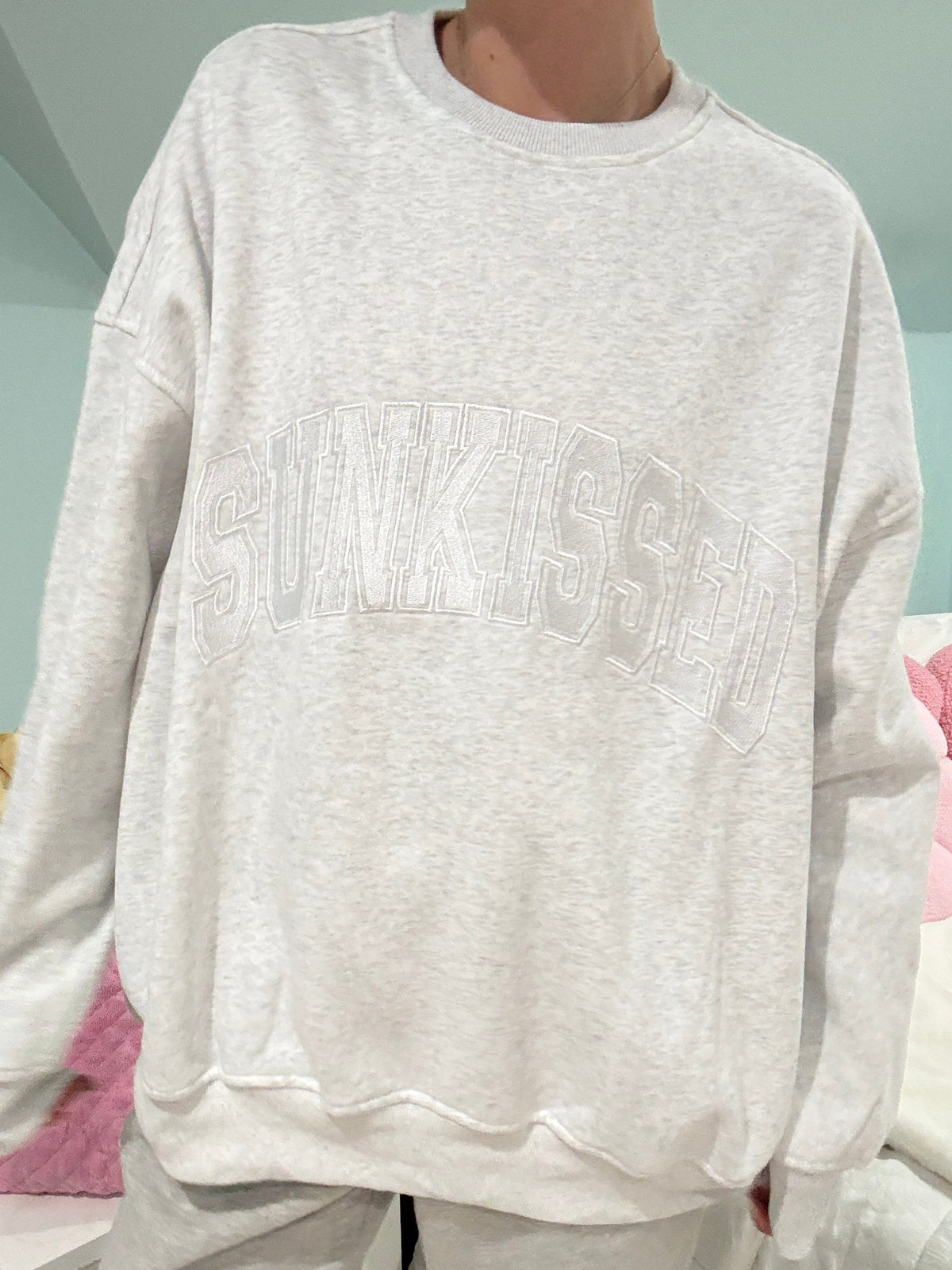 Pearl Grey and White Thread Sunkissed Varsity Embroider Sweatshirt