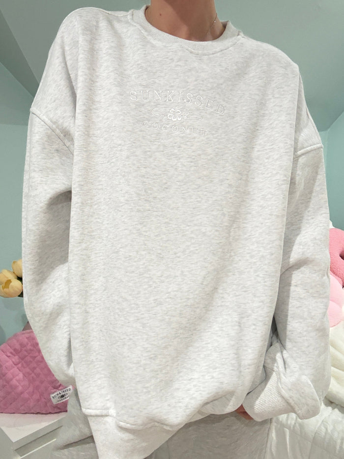 Pearl Grey and White Thread Sunkissedcoconut Embroider Sweatshirt