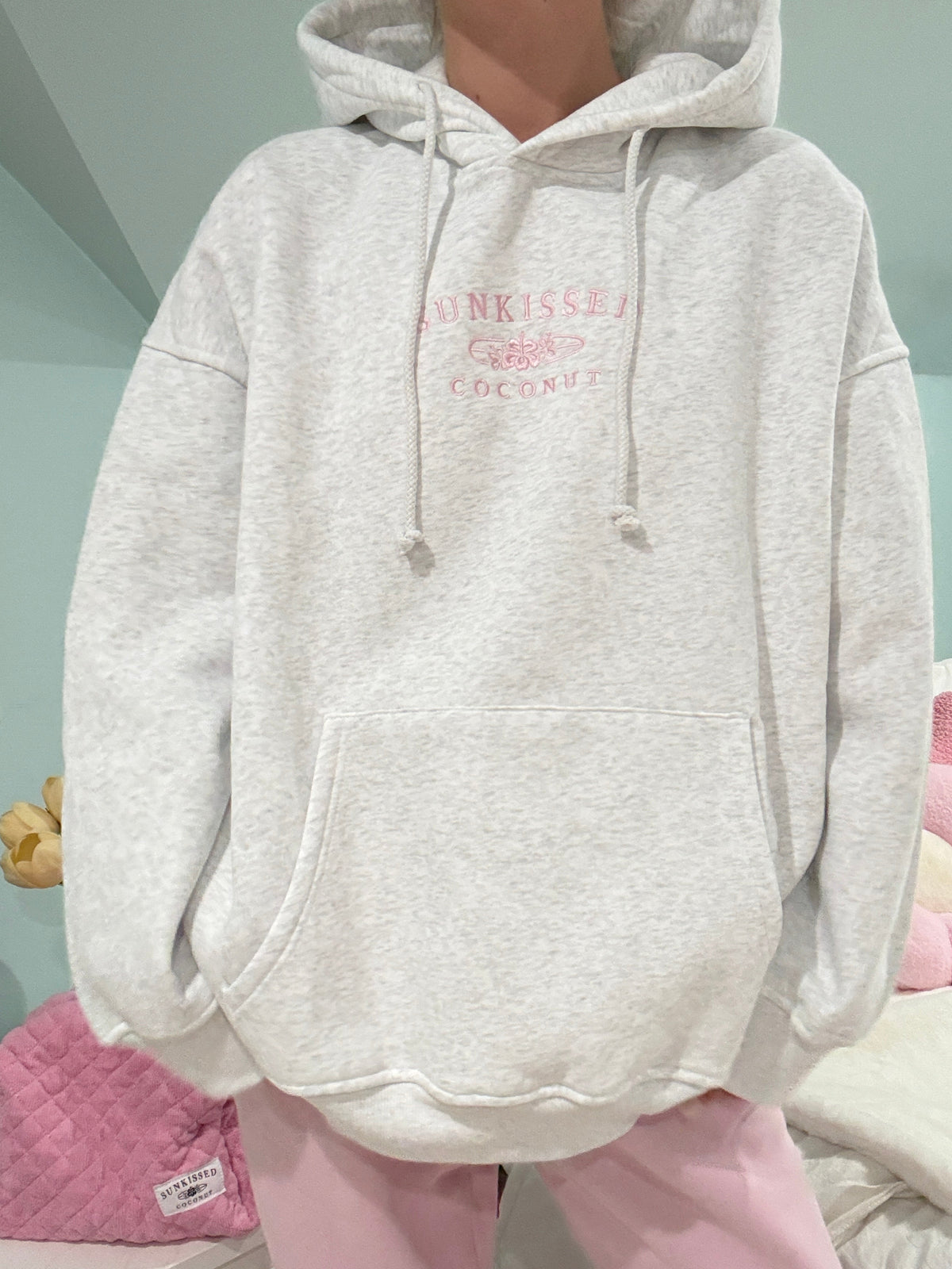 Pearl Grey and Pink Thread Sunkissedcoconut Logo Embroider Hoodie