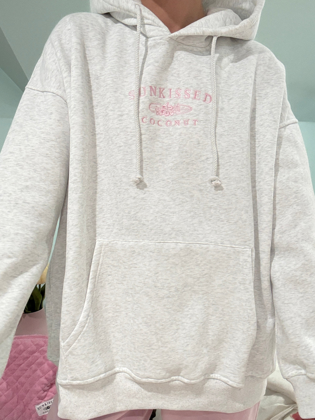 Pearl Grey and Pink Thread Sunkissedcoconut Logo Embroider Hoodie