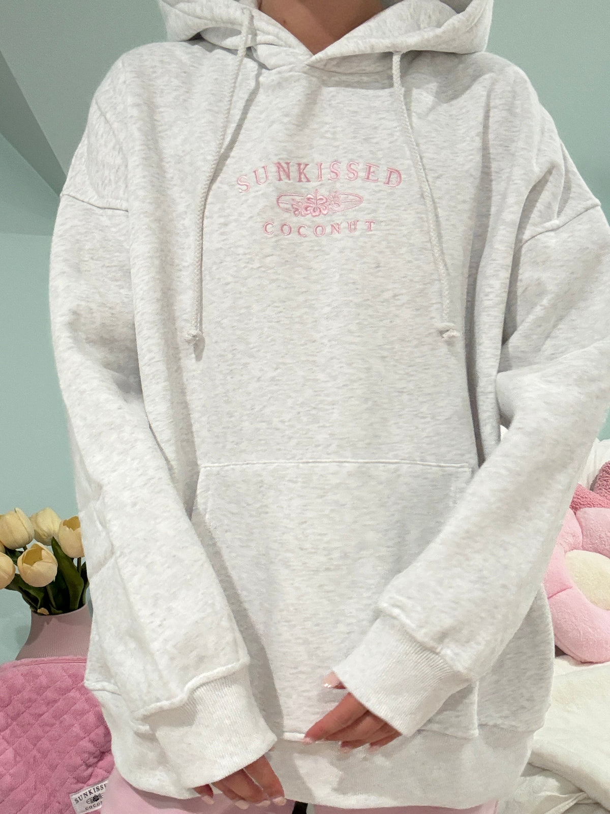 Pearl Grey and Pink Thread Sunkissedcoconut Logo Embroider Hoodie