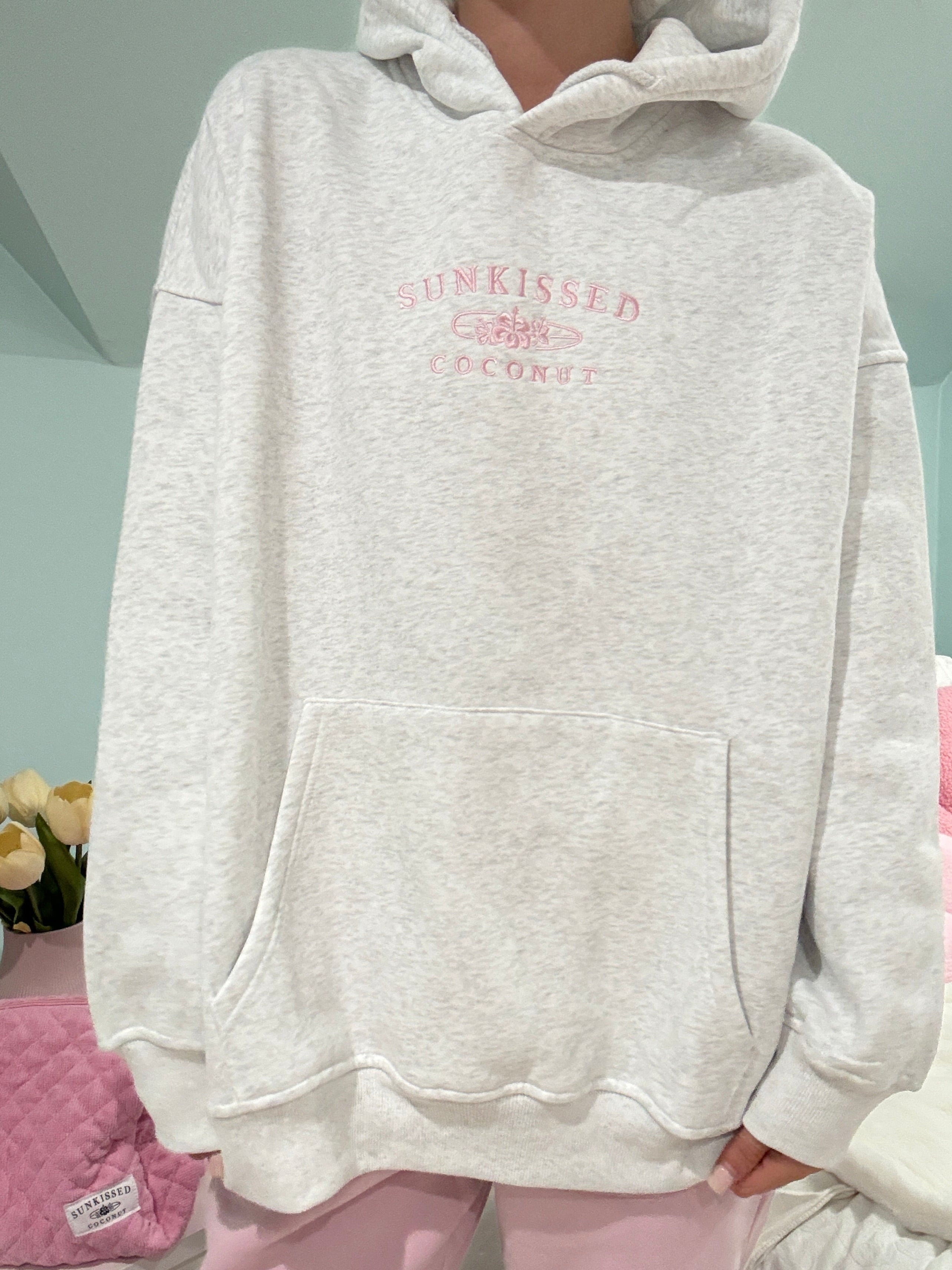 Pearl Grey and Pink Thread Sunkissedcoconut Logo Embroider Hoodie