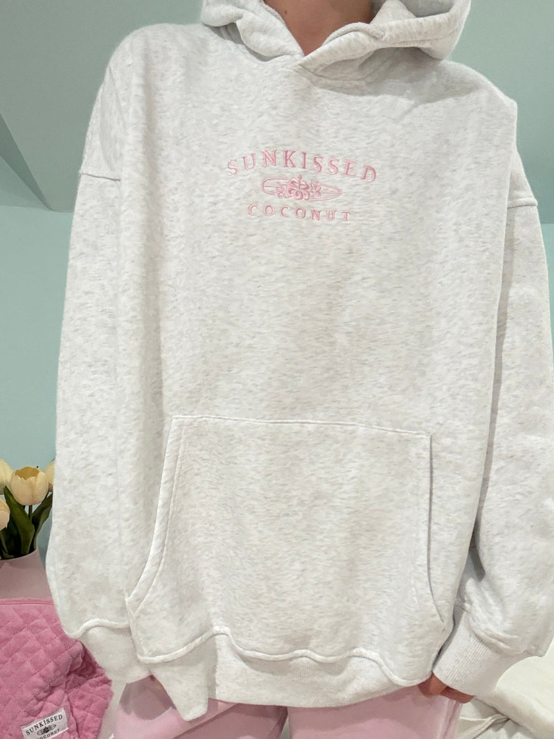 Pearl Grey and Pink Thread Sunkissedcoconut Logo Embroider Hoodie