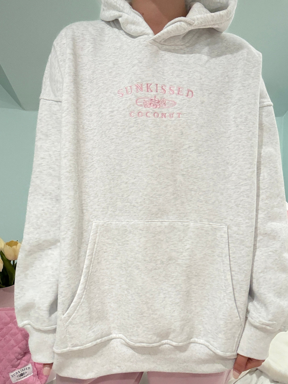 Pearl Grey and Pink Thread Sunkissedcoconut Logo Embroider Hoodie
