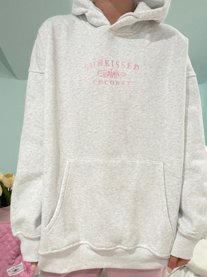 Pearl Grey and Pink Thread Sunkissedcoconut Logo Embroider Hoodie