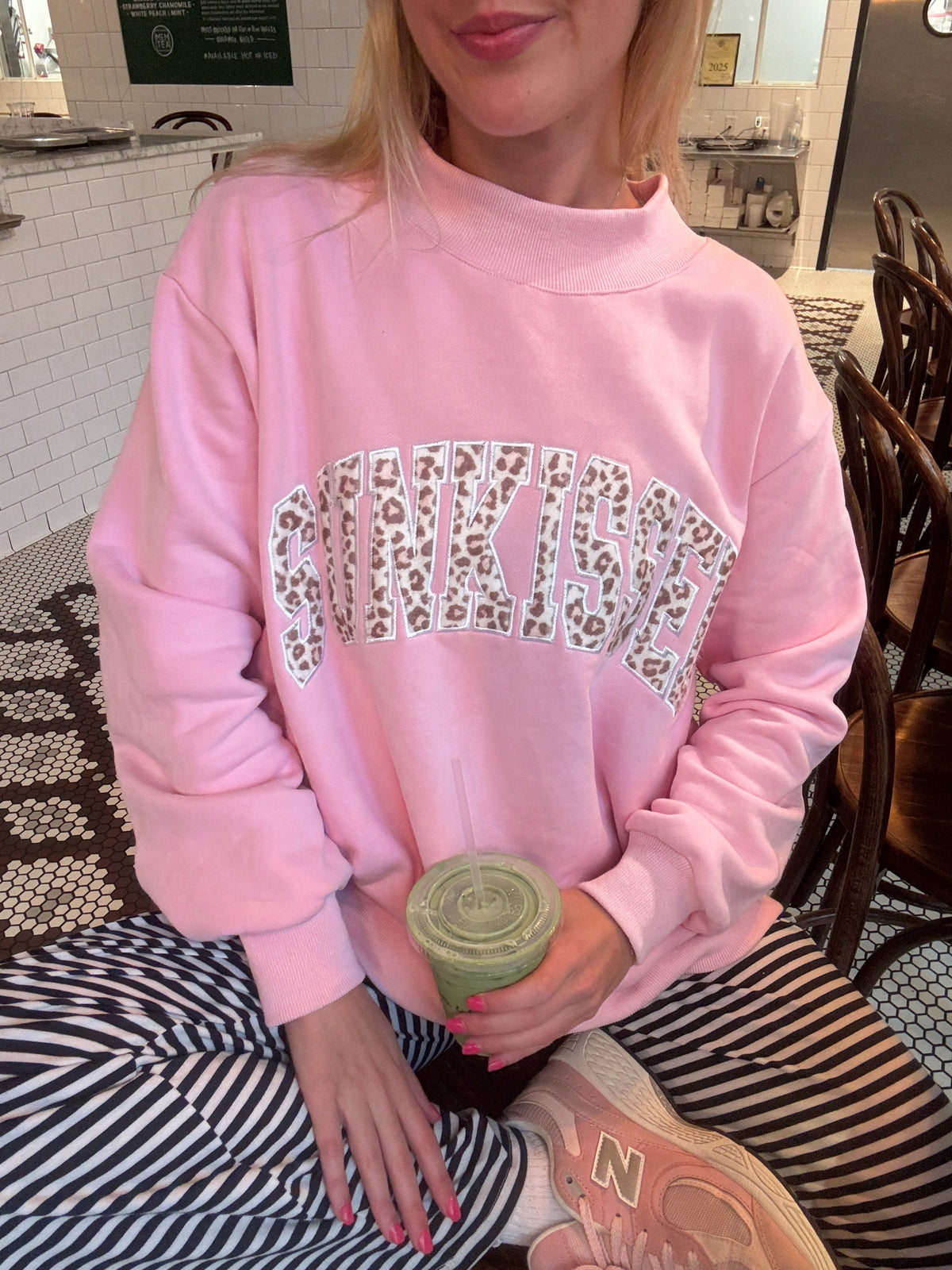 Bubblegum Pink Cheetah Print Varsity Sunkissed Embroidered Mockneck Sweatshirt 100% Cotton