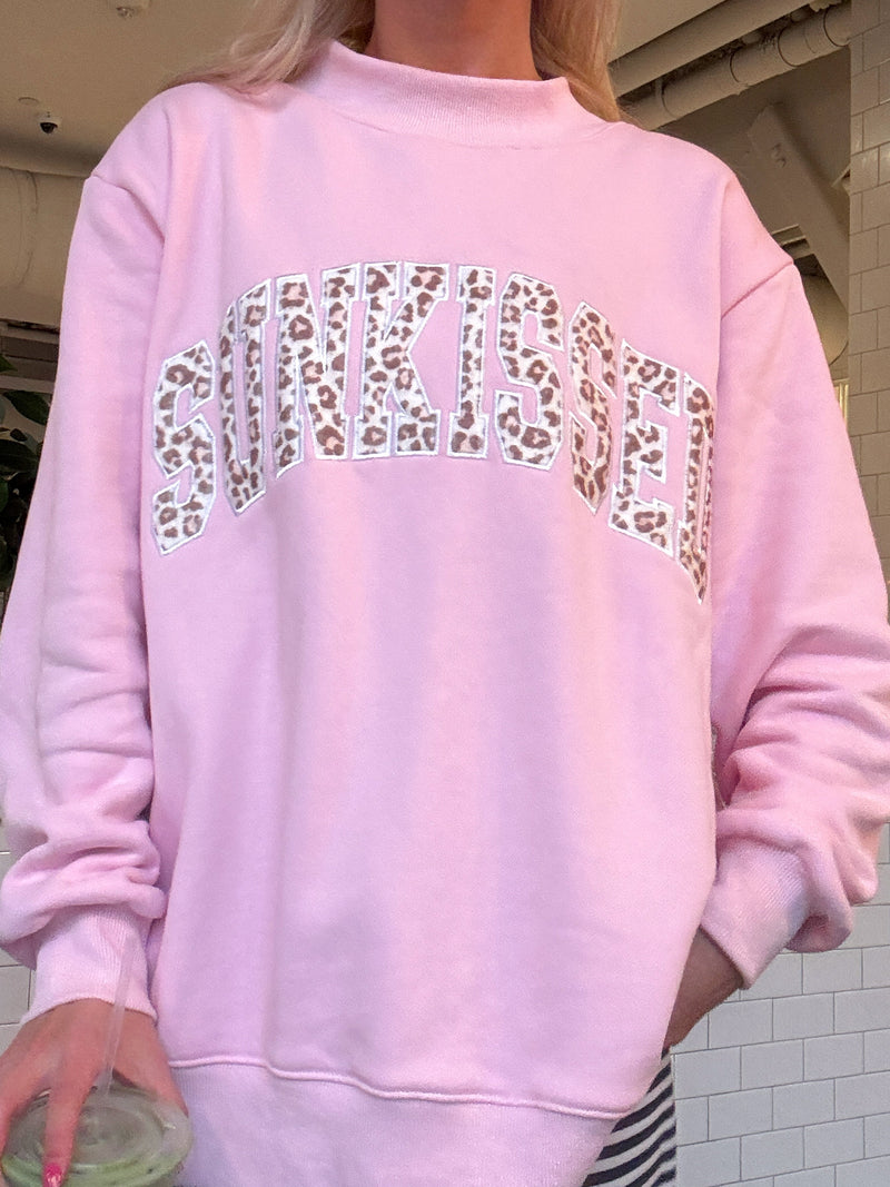 Bubblegum Pink Cheetah Print Varsity Sunkissed Embroidered Mockneck Sweatshirt 100% Cotton
