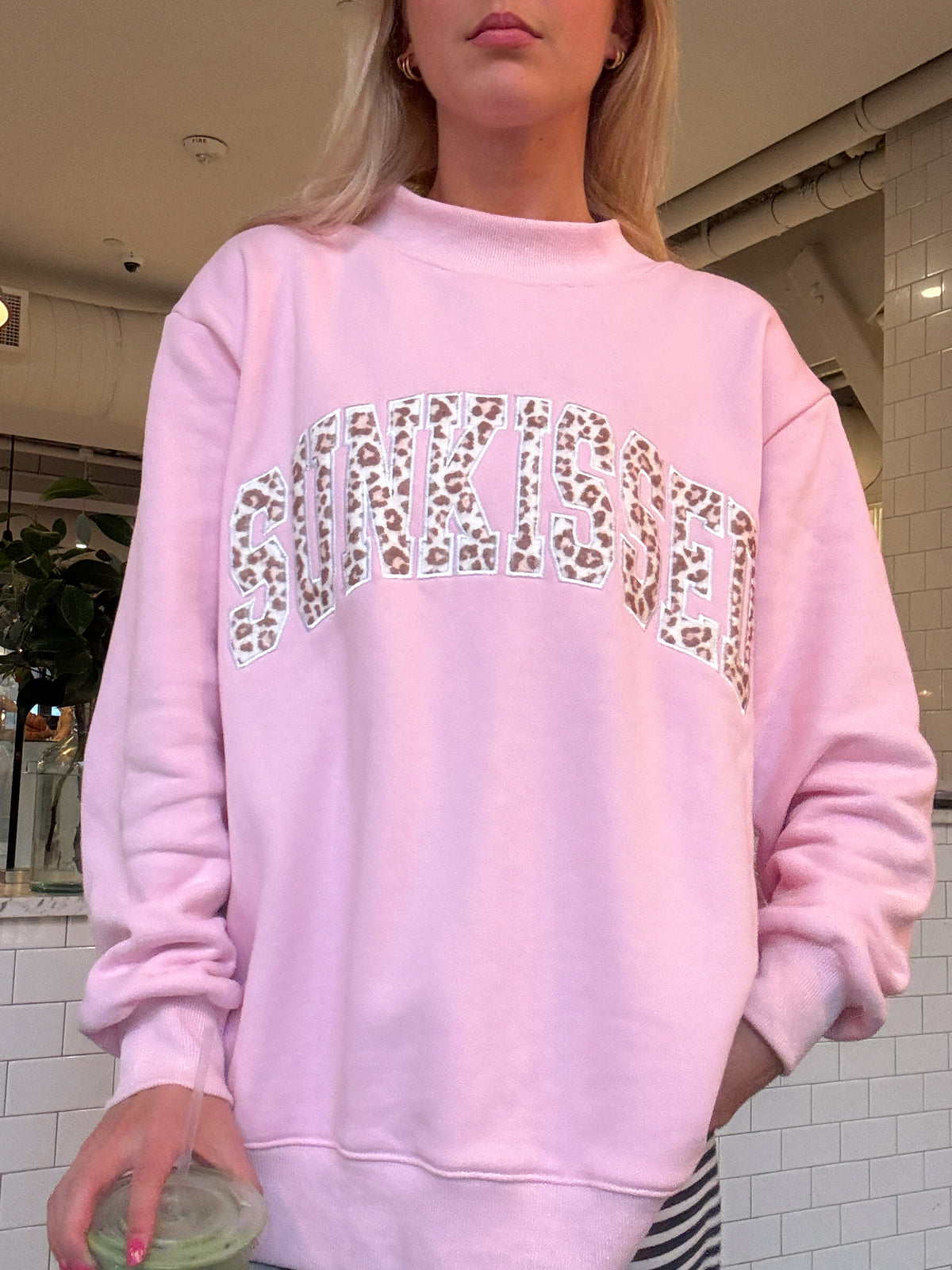 Bubblegum Pink Cheetah Print Varsity Sunkissed Embroidered Mockneck Sweatshirt 100% Cotton