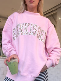 Bubblegum Pink Cheetah Print Varsity Sunkissed Embroidered Mockneck Sweatshirt 100% Cotton