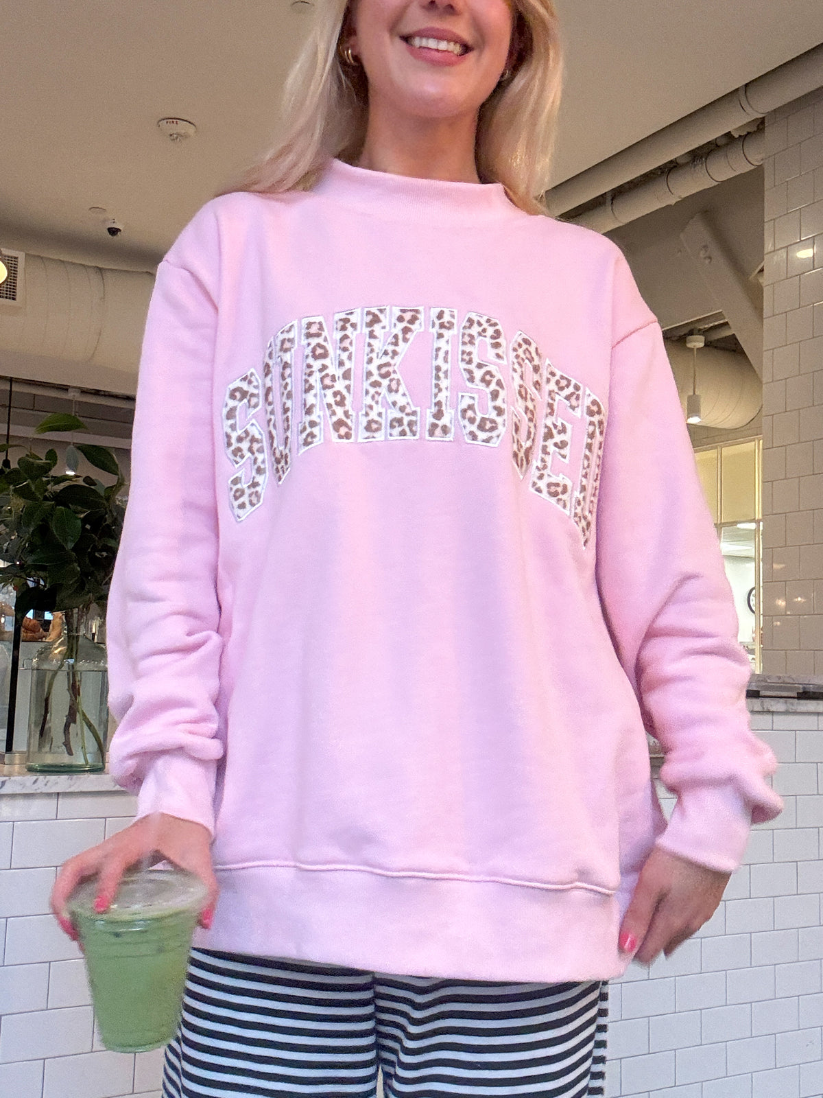 Bubblegum Pink Cheetah Print Varsity Sunkissed Embroidered Mockneck Sweatshirt 100% Cotton