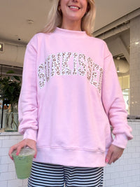 Bubblegum Pink Cheetah Print Varsity Sunkissed Embroidered Mockneck Sweatshirt 100% Cotton