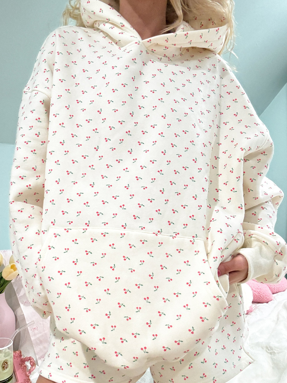 Blank Ivory Cherries All Over Hoodie