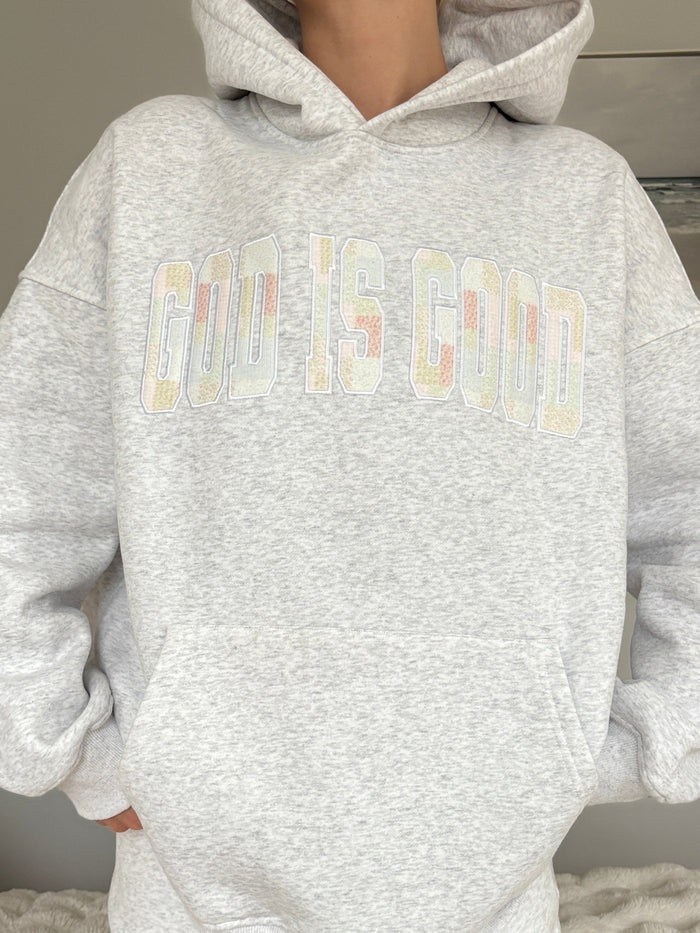 God Is Good Quilted Pastel Embroidered Hoodie