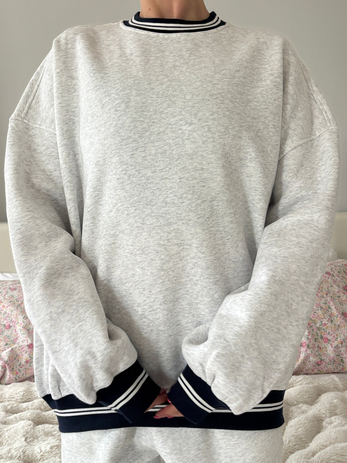 Blank Pearl Grey And Black Preppy Crew Sweatshirt