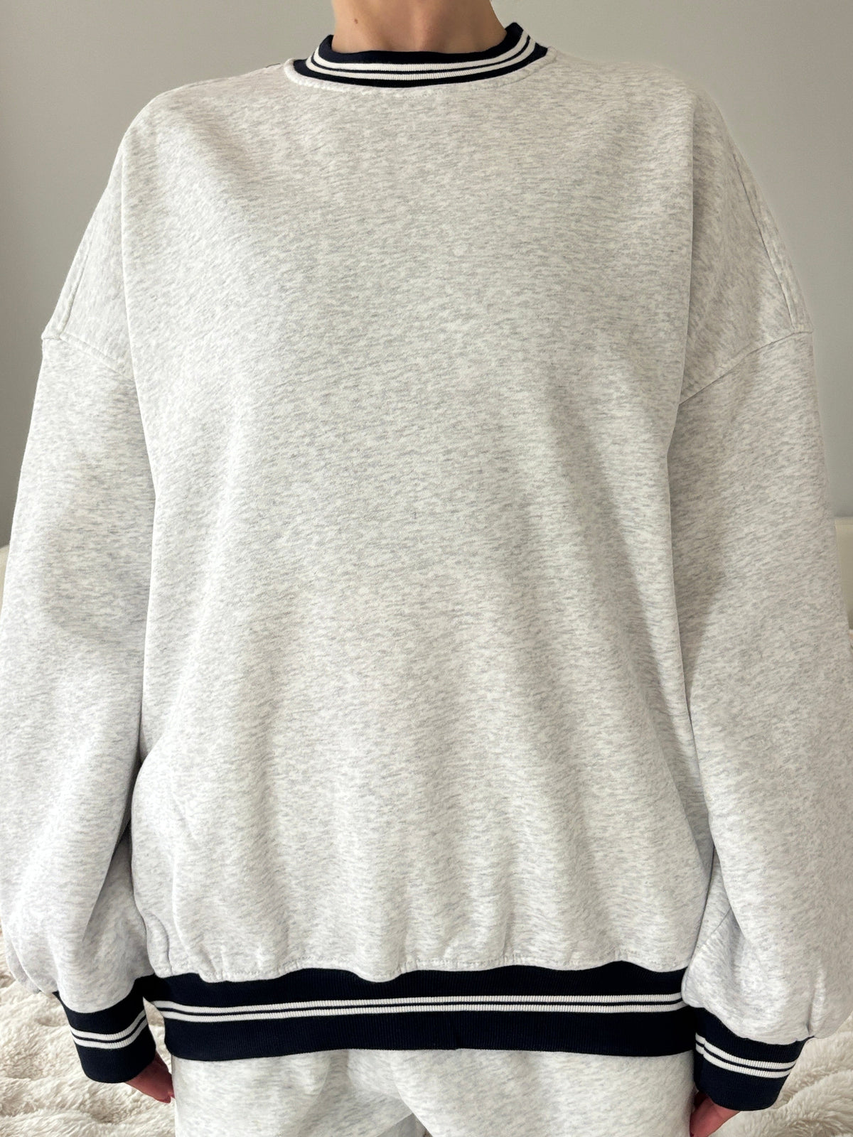 Blank Pearl Grey And Black Preppy Crew Sweatshirt