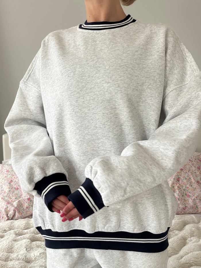 Blank Pearl Grey And Black Preppy Crew Sweatshirt