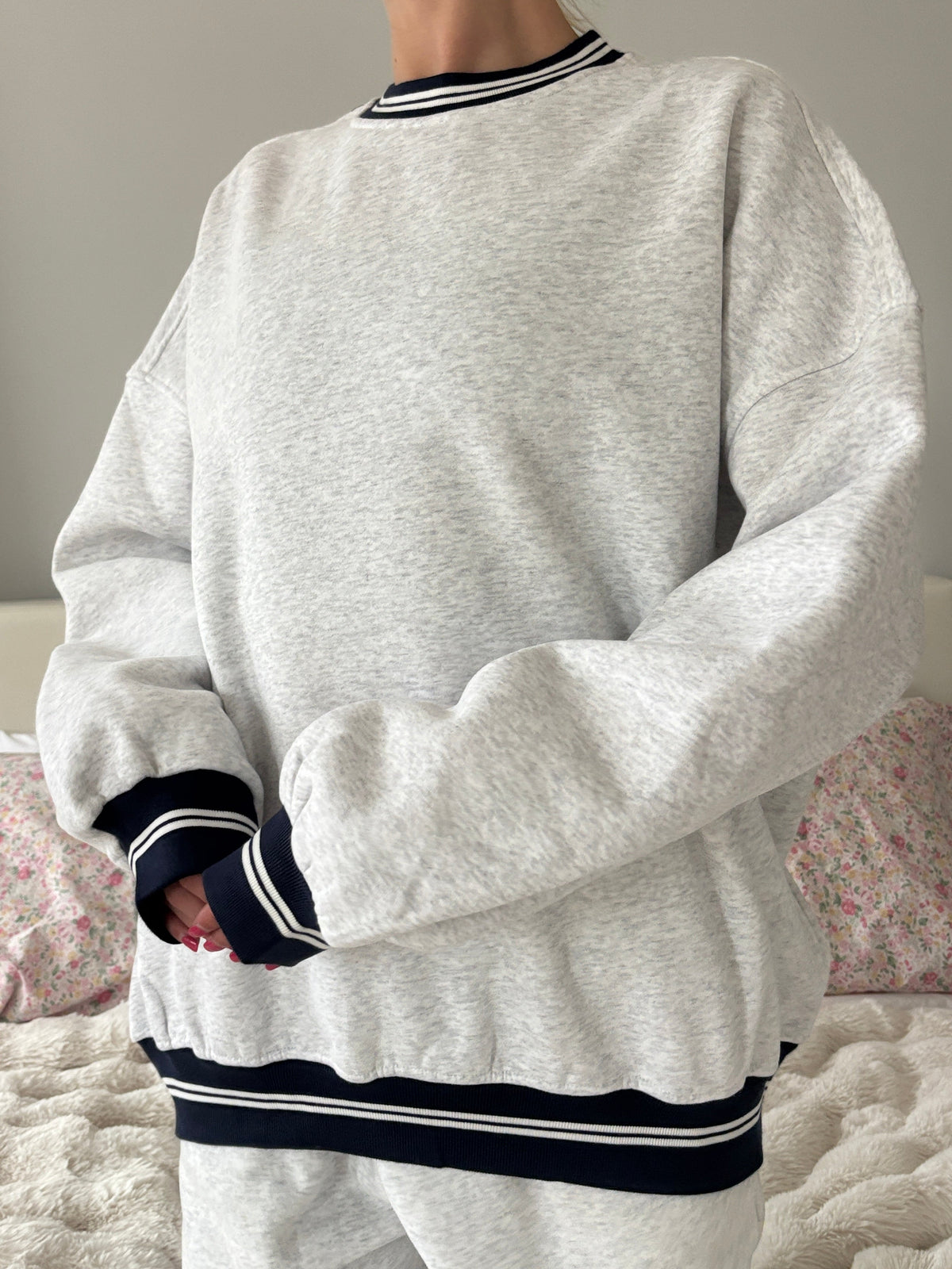 Blank Pearl Grey And Black Preppy Crew Sweatshirt
