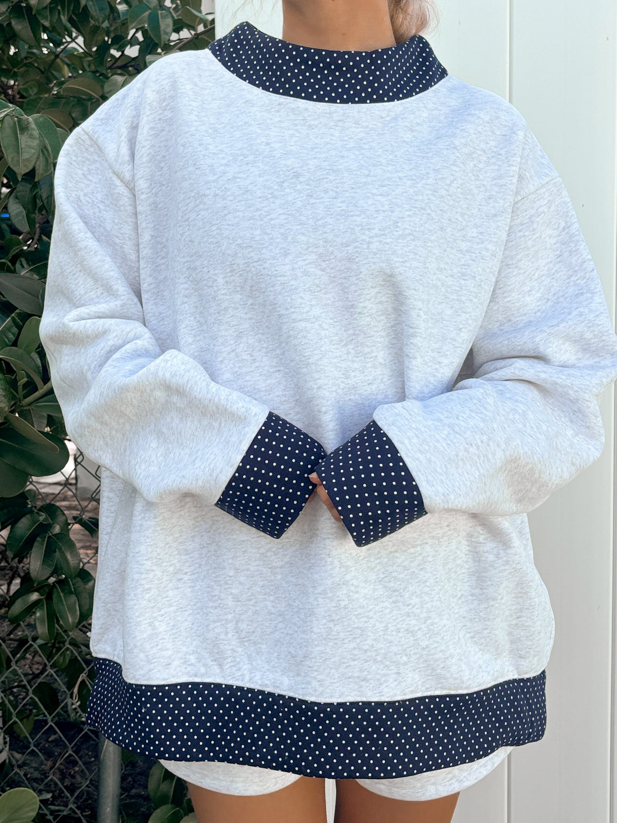 Pearl Grey Navy Blue Polka Dot Mockneck Sweatshirt