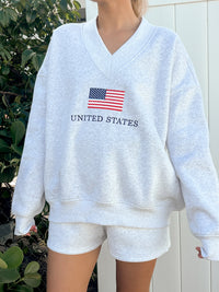 Pearl Grey United States Flag Embroider V-Neck Sweatshirt