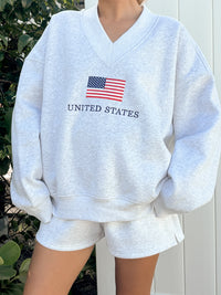 Pearl Grey United States Flag Embroider V-Neck Sweatshirt