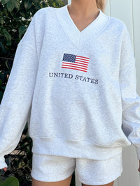 Pearl Grey United States Flag Embroider V-Neck Sweatshirt