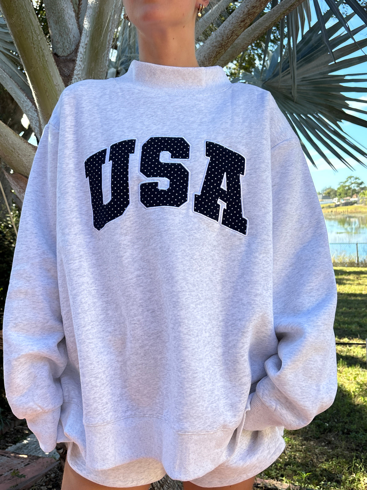 Pearl Grey Navy Blue Polka Dot USA Mockneck Sweatshirt