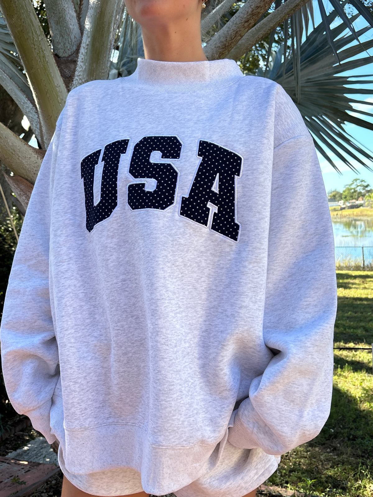 Pearl Grey Navy Blue Polka Dot USA Mockneck Sweatshirt