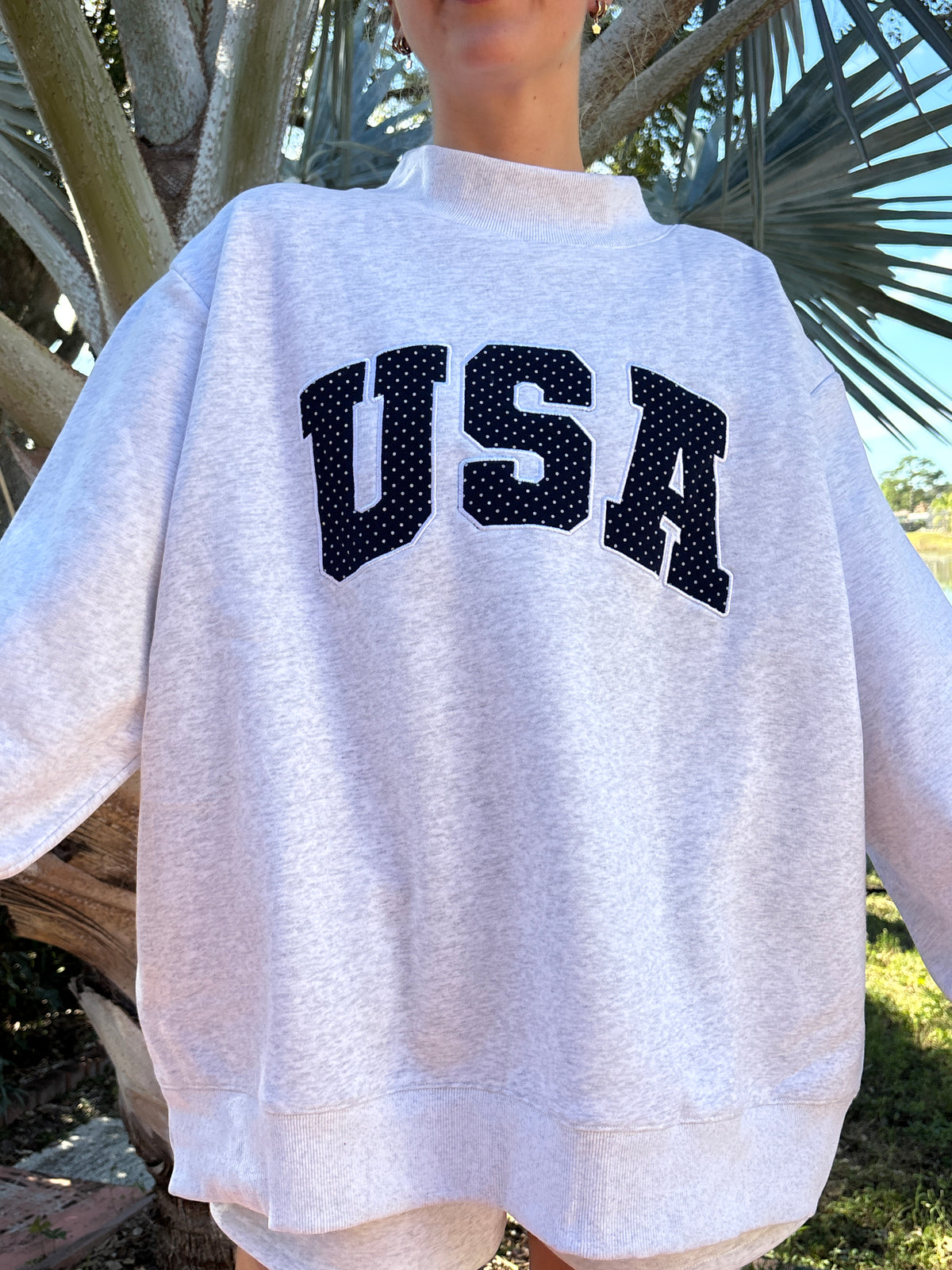 Pearl Grey Navy Blue Polka Dot USA Mockneck Sweatshirt
