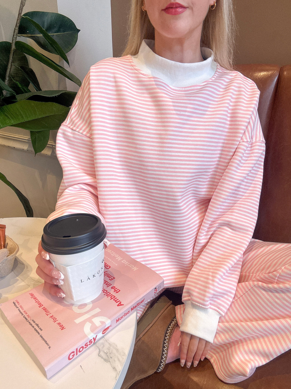 Light Pink and White Big Striped Mockneck Sweatshirt