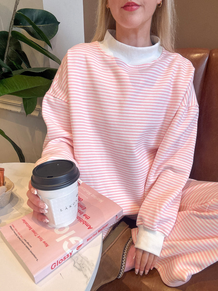 Light Pink and White Big Striped Mockneck Sweatshirt