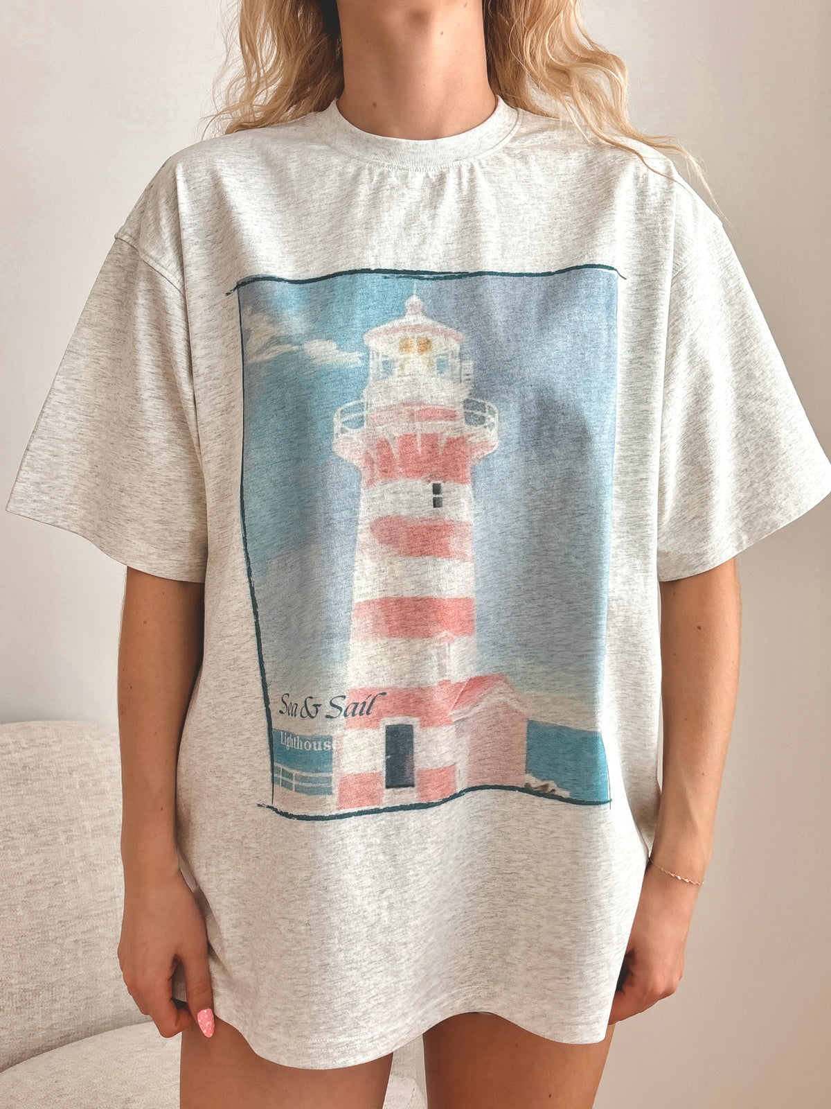 Pearl Grey Coastal Lighthouse Printed Tee