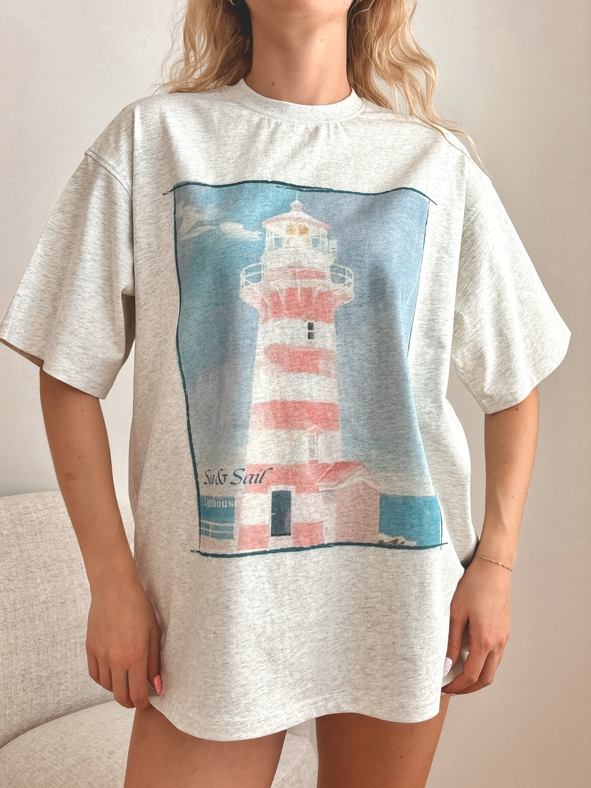 Pearl Grey Coastal Lighthouse Printed Tee