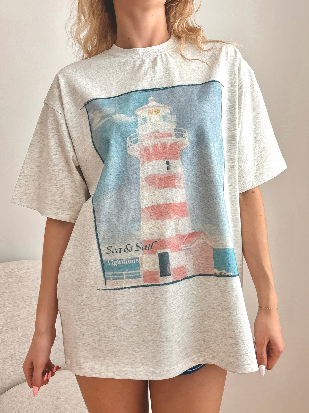 Pearl Grey Coastal Lighthouse Printed Tee