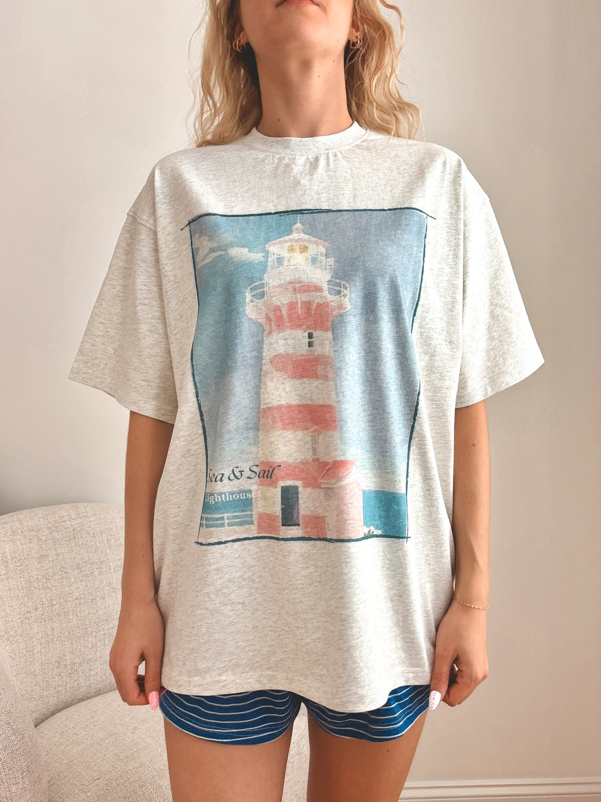 Pearl Grey Coastal Lighthouse Printed Tee
