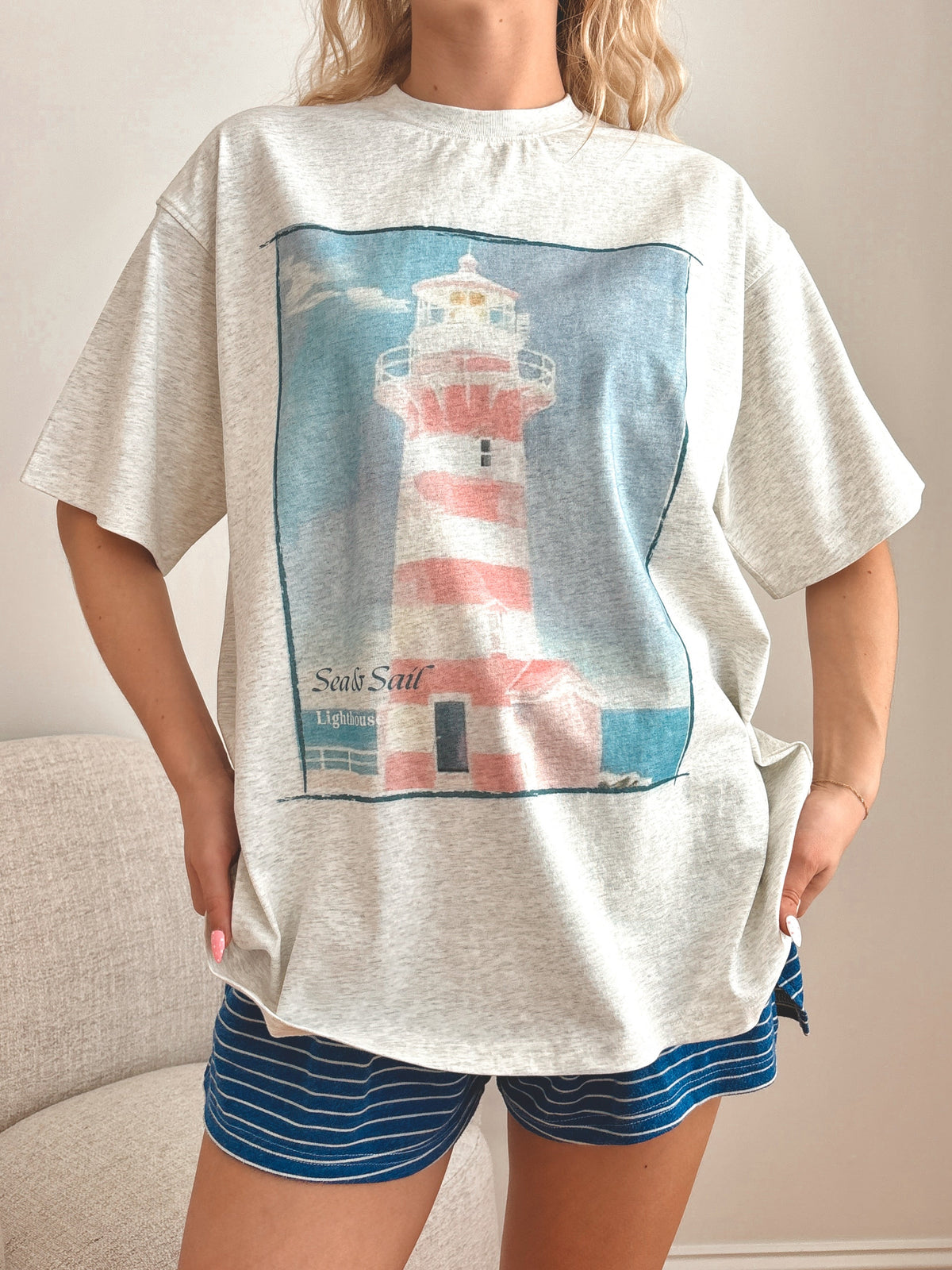 Pearl Grey Coastal Lighthouse Printed Tee