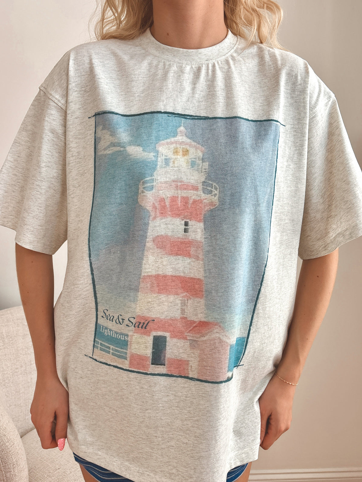 Pearl Grey Coastal Lighthouse Printed Tee