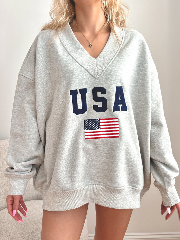 Afternoon Grey USA Flag Embroider V-Neck Sweatshirt