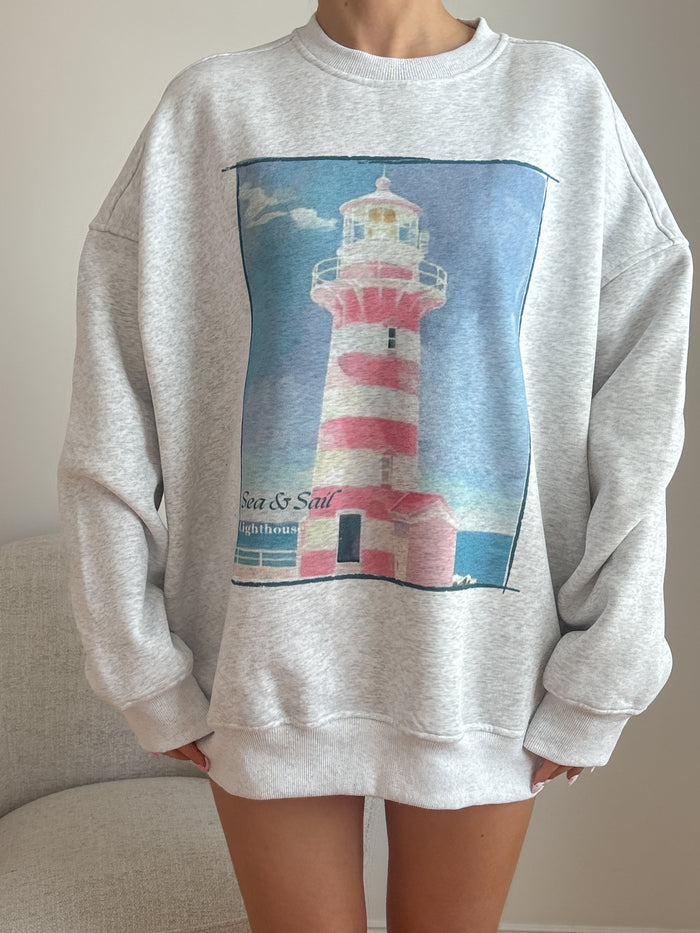 Pearl Grey Coastal Lighthouse Printed Sweatshirt