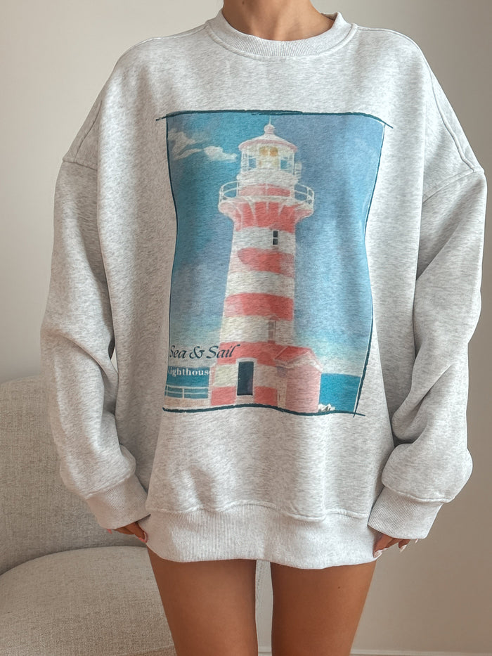 Pearl Grey Coastal Lighthouse Printed Sweatshirt