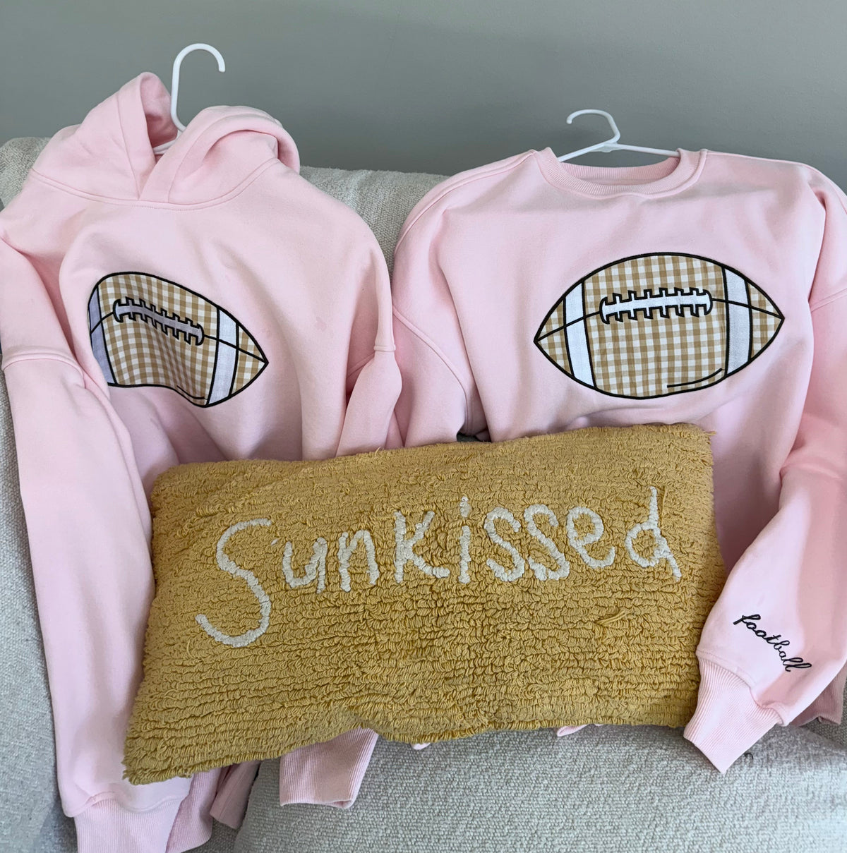 Light Pink Game Day Gingham Football Embroider Hoodie