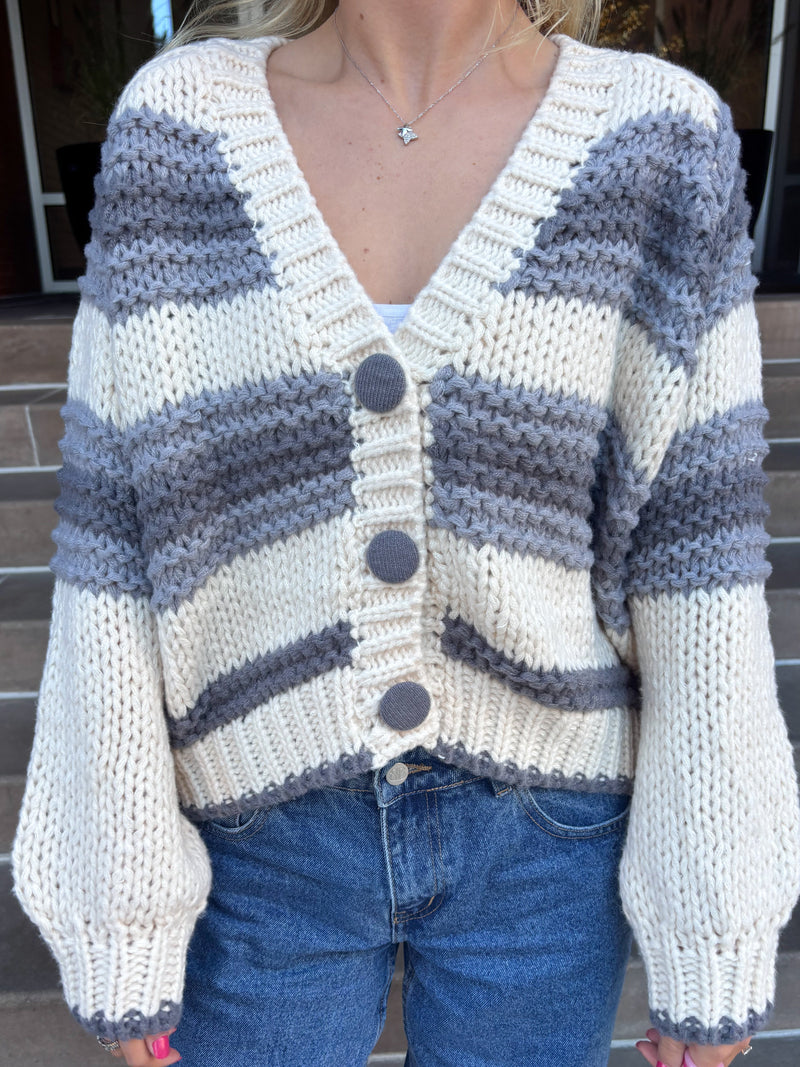 Chunky Blue Button Up Cardigan Sweater