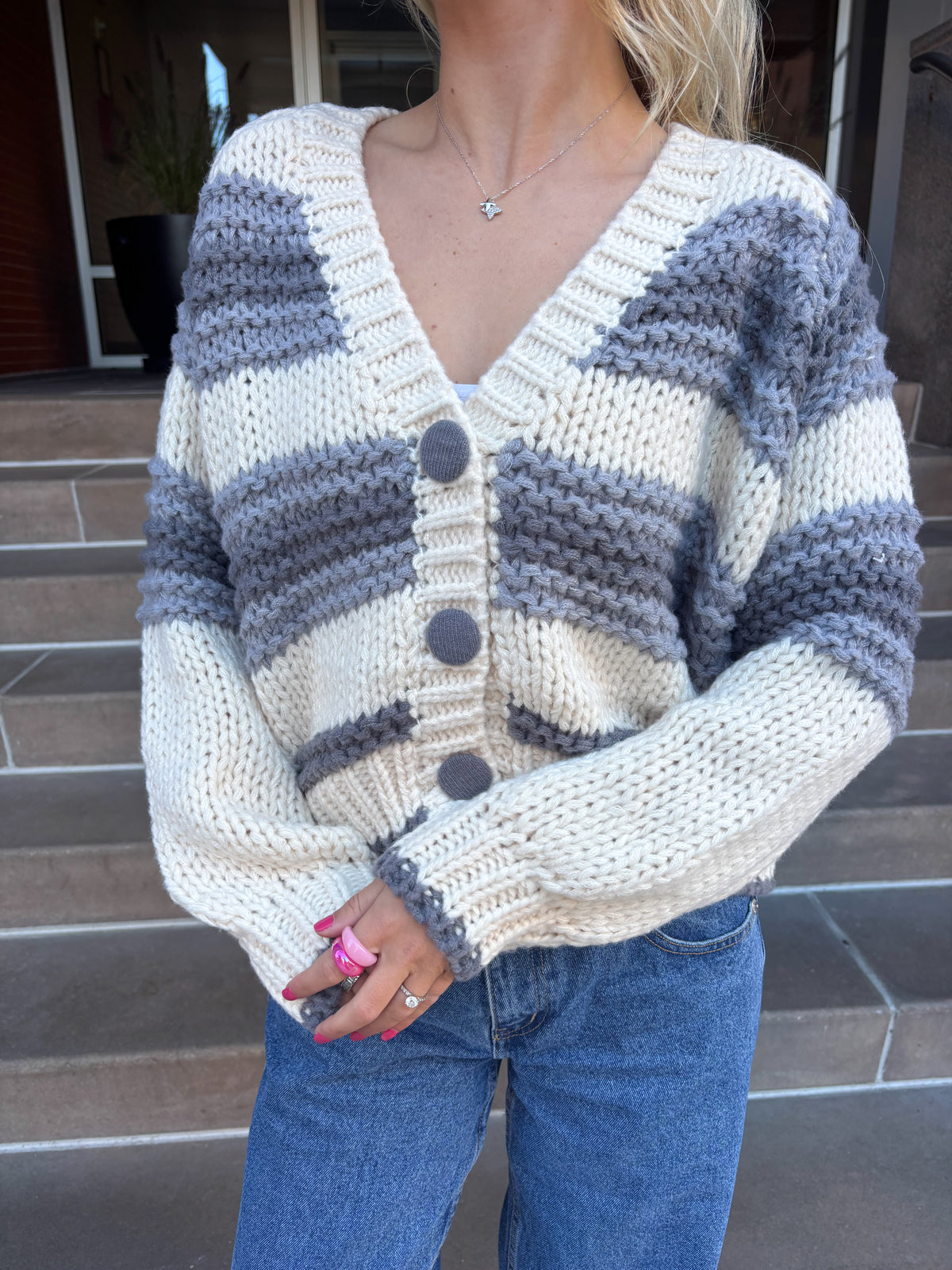 Chunky Blue Button Up Cardigan Sweater